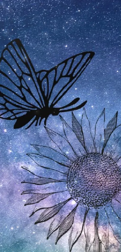 Galaxy-themed wallpaper with butterfly and sunflower silhouette.