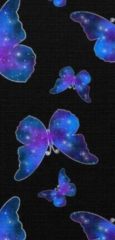 Galaxy-themed butterfly wallpaper with blue and purple hues on a black background.