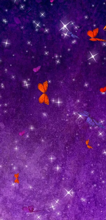 Purple galaxy wallpaper with butterflies and stars.