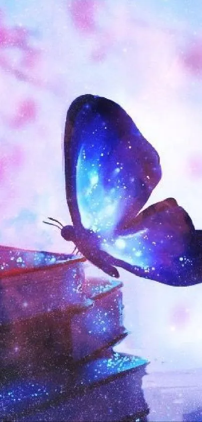 Galaxy butterfly resting on a stack of books with a dreamy, celestial background.