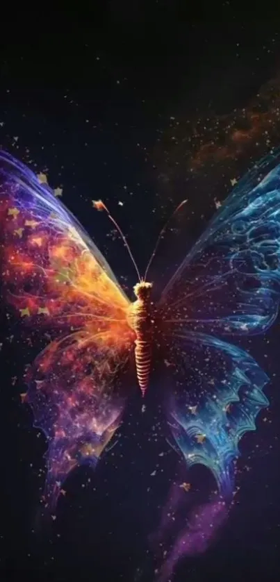 Colorful cosmic butterfly on dark background wallpaper.