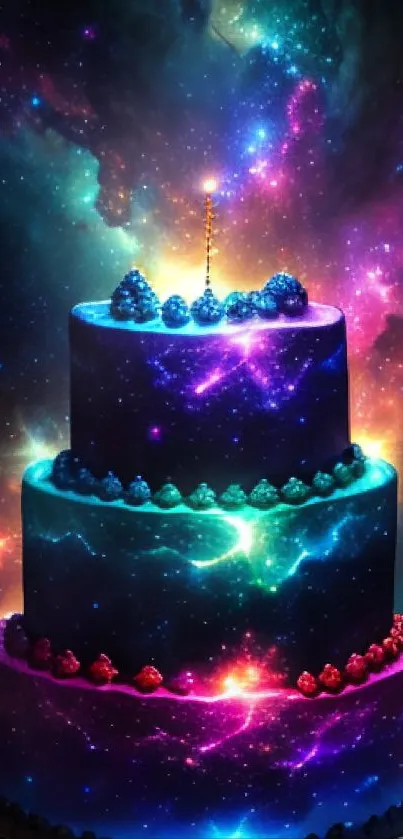 Galaxy-themed cake with a colorful cosmic backdrop.