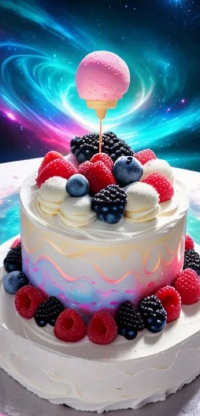 A galaxy-themed cake with fruit topping against a cosmic background.