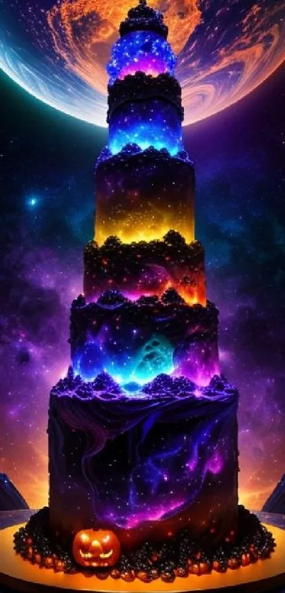 Galaxy-themed cake under a cosmic, colorful sky, perfect for phone wallpaper.