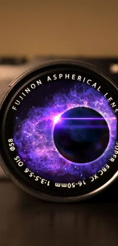 Purple galaxy image within camera lens.