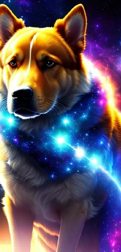 Galaxy dog in cosmic space with vibrant nebula hues, perfect mobile wallpaper.