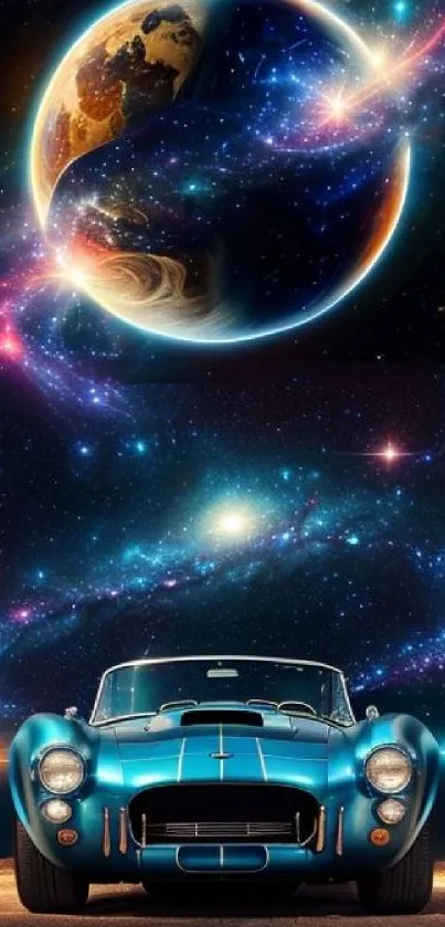 Classic car under a vibrant galaxy and planet.