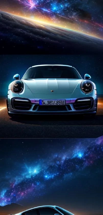 Car with galaxy and starry night background on mobile wallpaper.