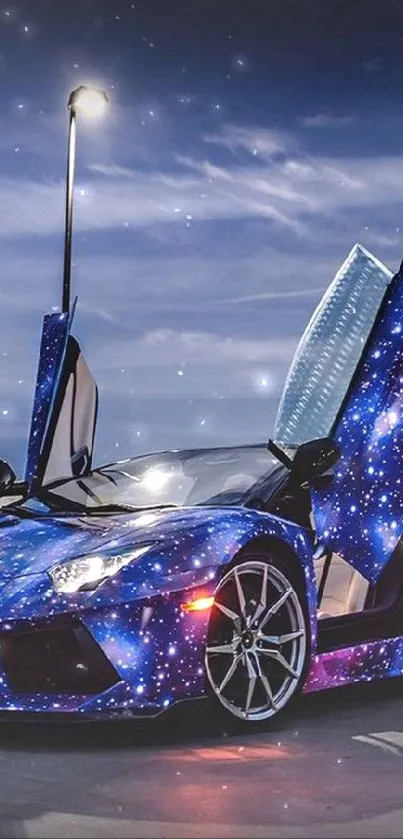 Galaxy-themed car with open scissor doors under an urban night sky.