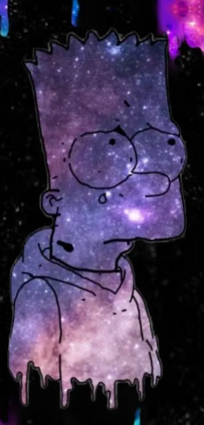 Galaxy-themed cartoon character on dark cosmic background wallpaper.