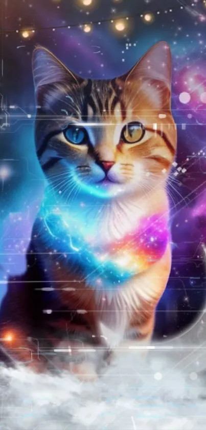 Galaxy-themed cat with vibrant cosmic colors.