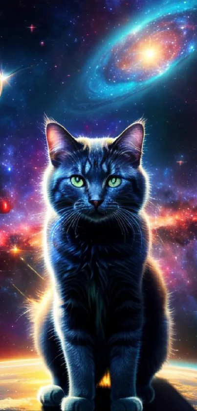 Cosmic cat sitting under a vibrant galaxy with stars.