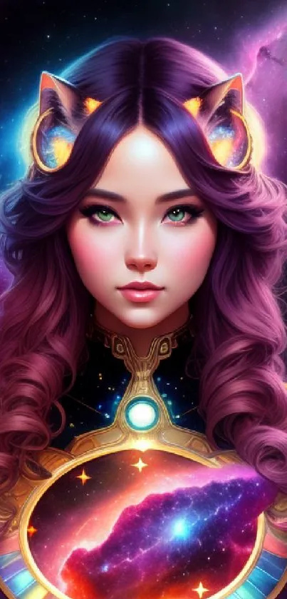 Fantasy wallpaper of a cosmic girl with cat ears and purple hues.