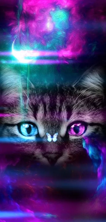 Galaxy cat with neon eyes and cosmic background in fantasy wallpaper.