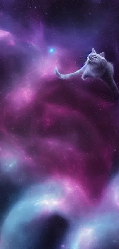 Whimsical galaxy wallpaper featuring a floating cosmic cat in vibrant purple hues.