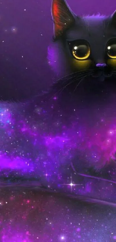 Galaxy-themed cat with vibrant purple hues and cosmic stars in a mystical setting.