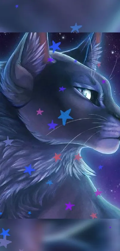 Fantasy galaxy cat with glowing eyes and stars in a purple night sky.