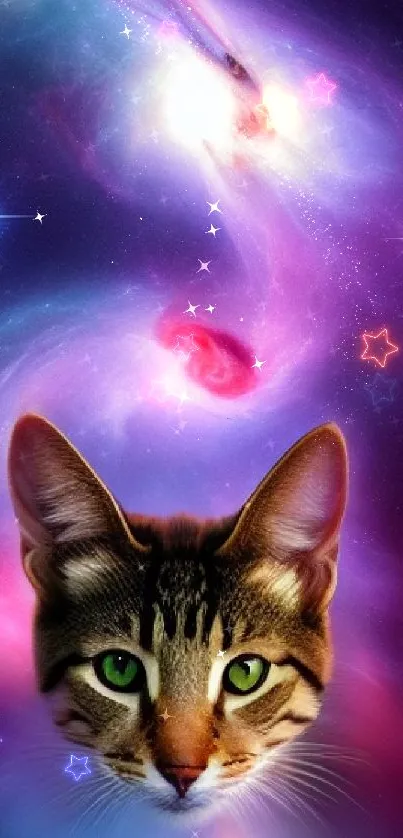 Fantasy cat in a cosmic galaxy with stars and vibrant colors.