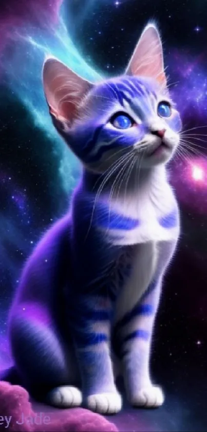 Fantasy cat with purple galaxy background, cosmic and enchanting.