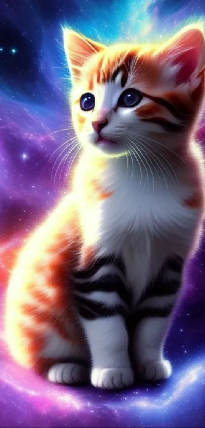 An orange kitten sits in a vibrant purple galaxy.