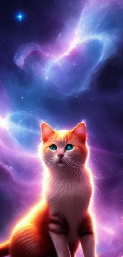 Vibrant cosmic cat in a galaxy backdrop with a purple nebula and starry sky.