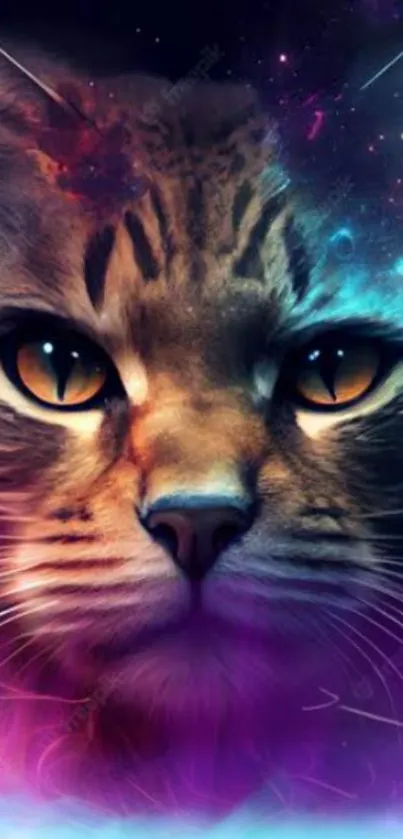 Cosmic cat face with galaxy colors in mobile wallpaper.