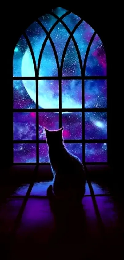 Cat gazing at moon through cosmic galaxy window in vibrant blues and purples.