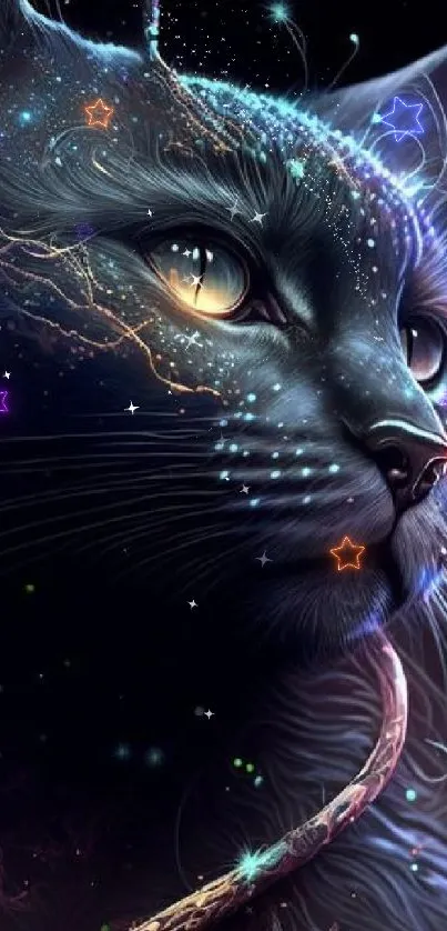 Galaxy-themed cat wallpaper with cosmic accents.