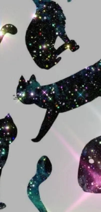 Galaxy cat silhouettes on gray background with starry details.