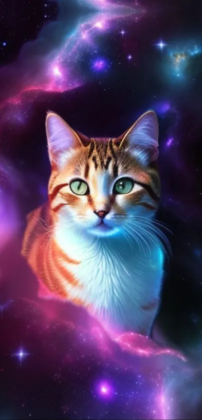 Cat in a vibrant nebula and galaxy backdrop.