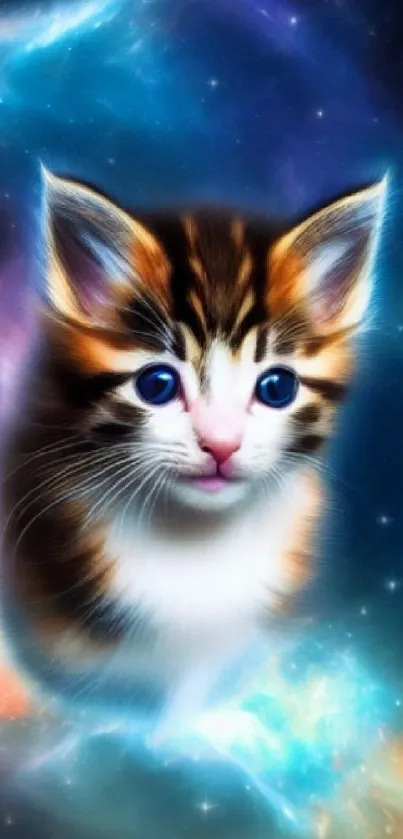 Enchanting galaxy cat wallpaper with a cute kitten in a cosmic setting.