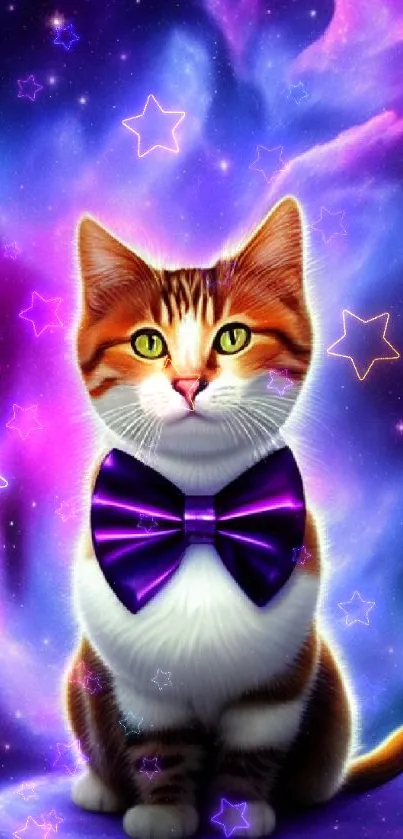 Galaxy-themed cat with purple bow tie in a cosmic setting.