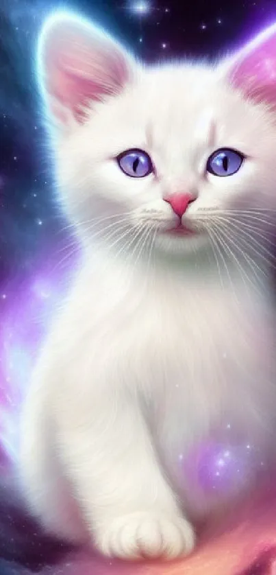 White cat with purple neon glow in a galaxy-themed wallpaper.