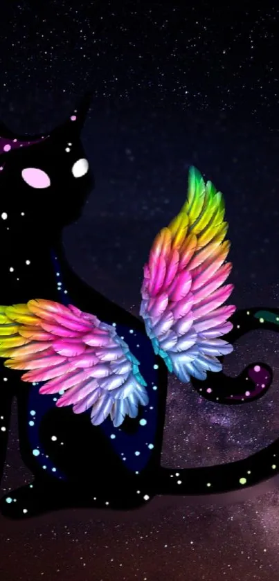 Black cat with rainbow wings on a starry background wallpaper.