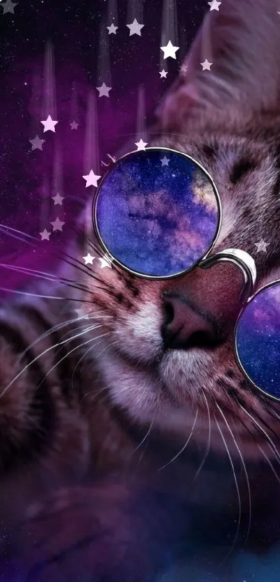 A cat wearing galaxy sunglasses on a cosmic background.