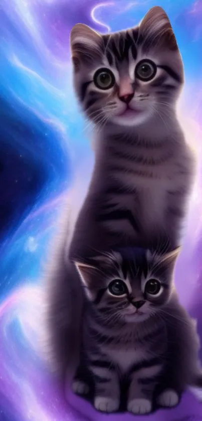 Fantasy cats in a purple galaxy setting, creating a magical wallpaper.