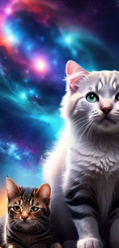 Cute kittens in a colorful galaxy background wallpaper.