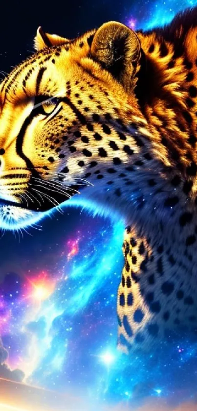 Cheetah blends with a vibrant galaxy backdrop on a mobile wallpaper.