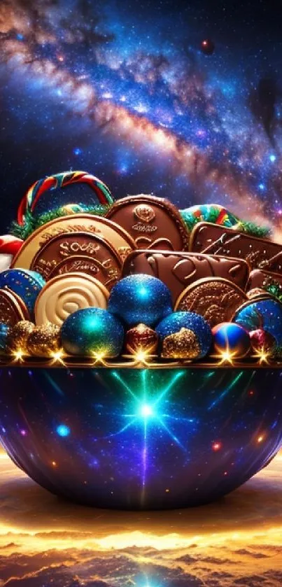 Cosmic galaxy chocolate candy bowl wallpaper, vibrant and colorful.