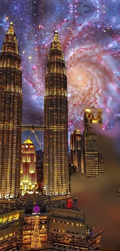City skyline with galaxy background mobile wallpaper.