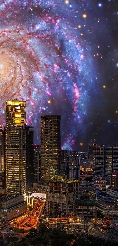 City skyline merged with a galaxy at night.