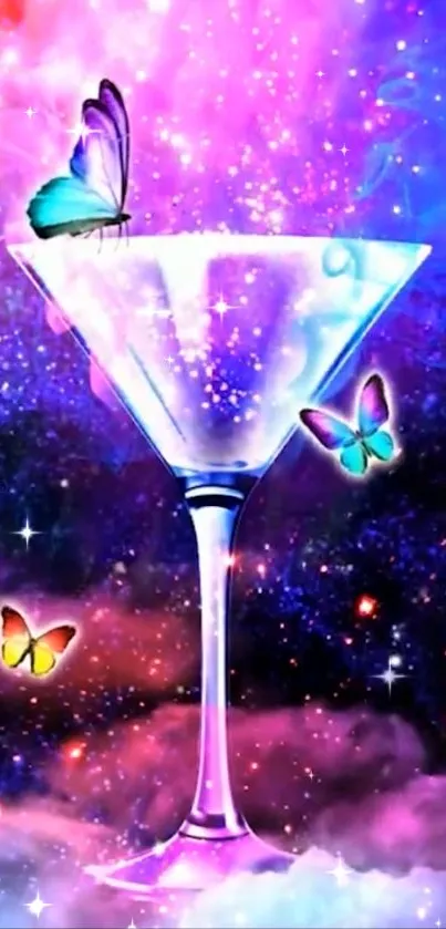 Colorful cosmic cocktail with butterflies in a galaxy-themed mobile wallpaper.