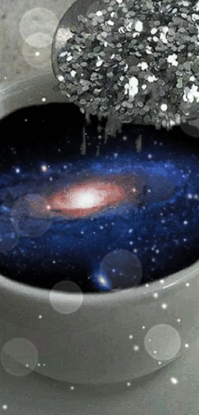 Coffee cup with swirling galaxy inside, topped with sprinkled stars.