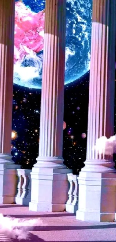 Fantasy galaxy wallpaper with columns and planets.