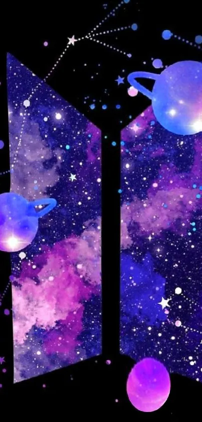 Vibrant cosmic galaxy with planets and stars in a dark space theme.