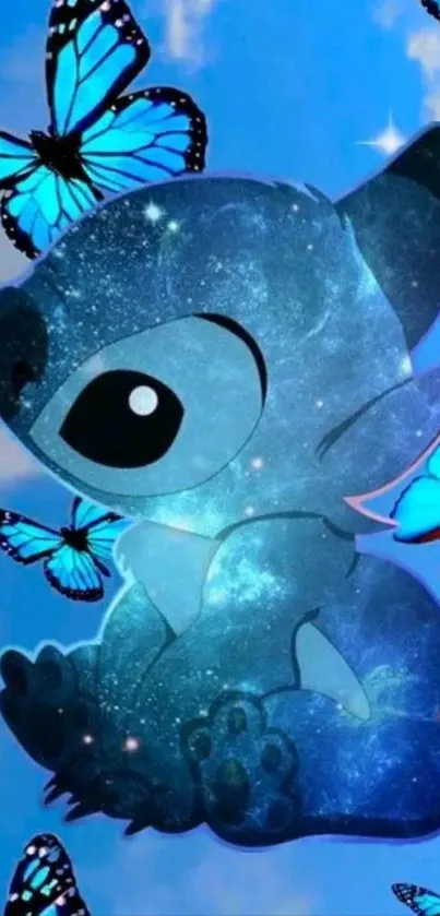 Galaxy-themed creature with blue butterflies on a mobile wallpaper.