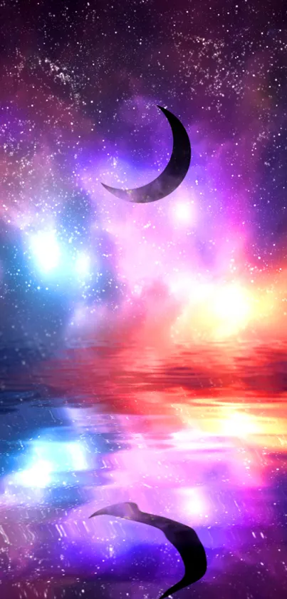 Crescent moon over a galaxy-themed vibrant sky with purple and starry reflections.