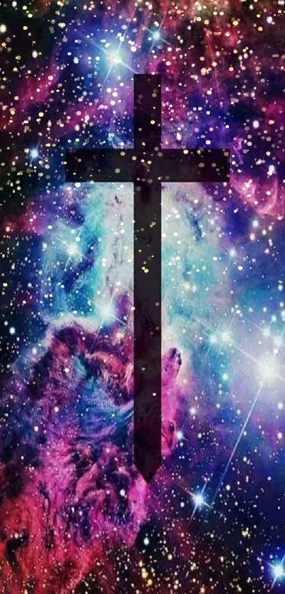 Vibrant galaxy wallpaper featuring a cross silhouette with colorful nebula background.