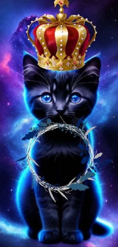 Galactic cat with crown against a purple space backdrop.