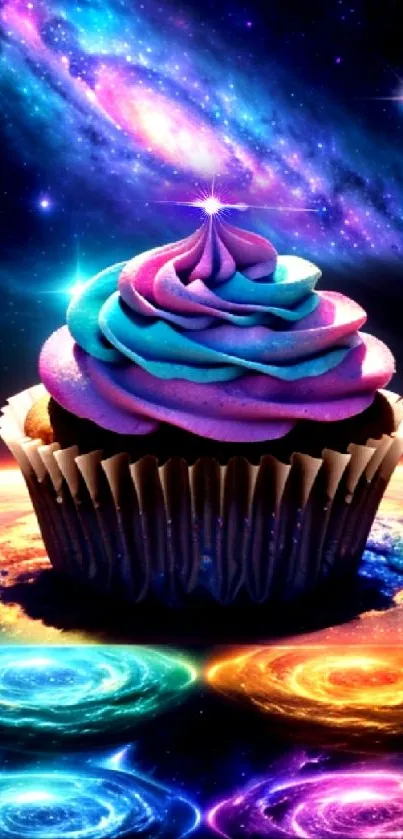 Colorful cupcake with galaxy backdrop.